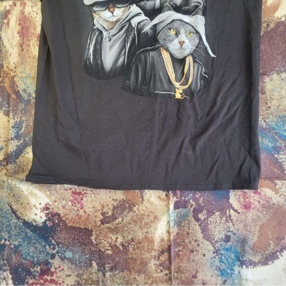 ODM Men T-Shirt Larg Black Cat Trio Hug Life Thug Gangster Graphic Crew Neck NWT - Picture 2 of 15